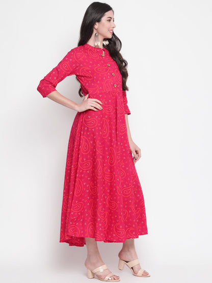 Cotton Printed Mandarin Neck 3/4 Sleeve Flared Ankle Length Ethnic Kurta