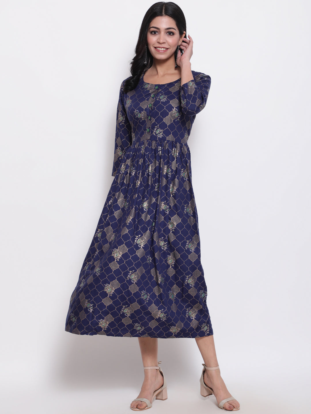 Rayon Printed Round Neck 3/4 Sleeve Flared Ankle Length Ethnic Kurta