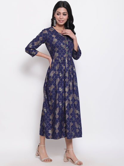 Rayon Printed Round Neck 3/4 Sleeve Flared Ankle Length Ethnic Kurta