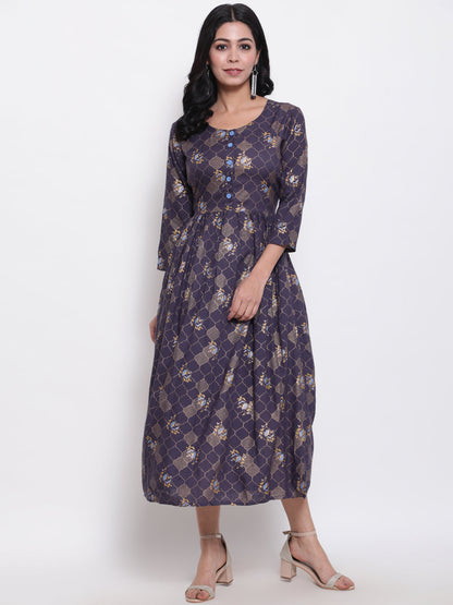 Rayon Printed Round Neck 3/4 Sleeve Flared Ankle Length Ethnic Kurta