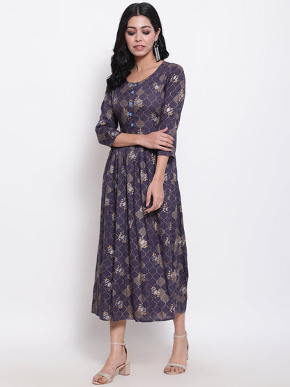 Rayon Printed Round Neck 3/4 Sleeve Flared Ankle Length Ethnic Kurta