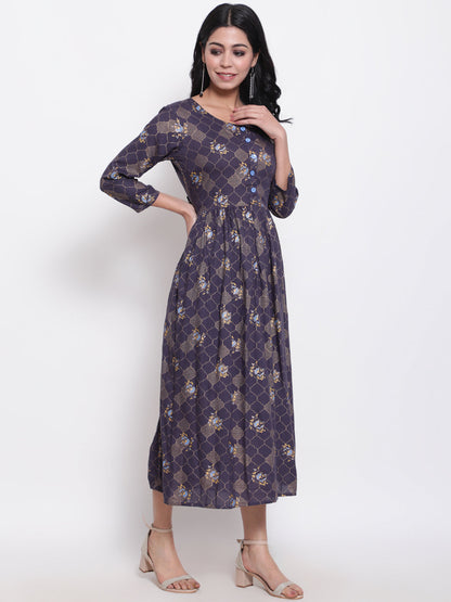 Rayon Printed Round Neck 3/4 Sleeve Flared Ankle Length Ethnic Kurta