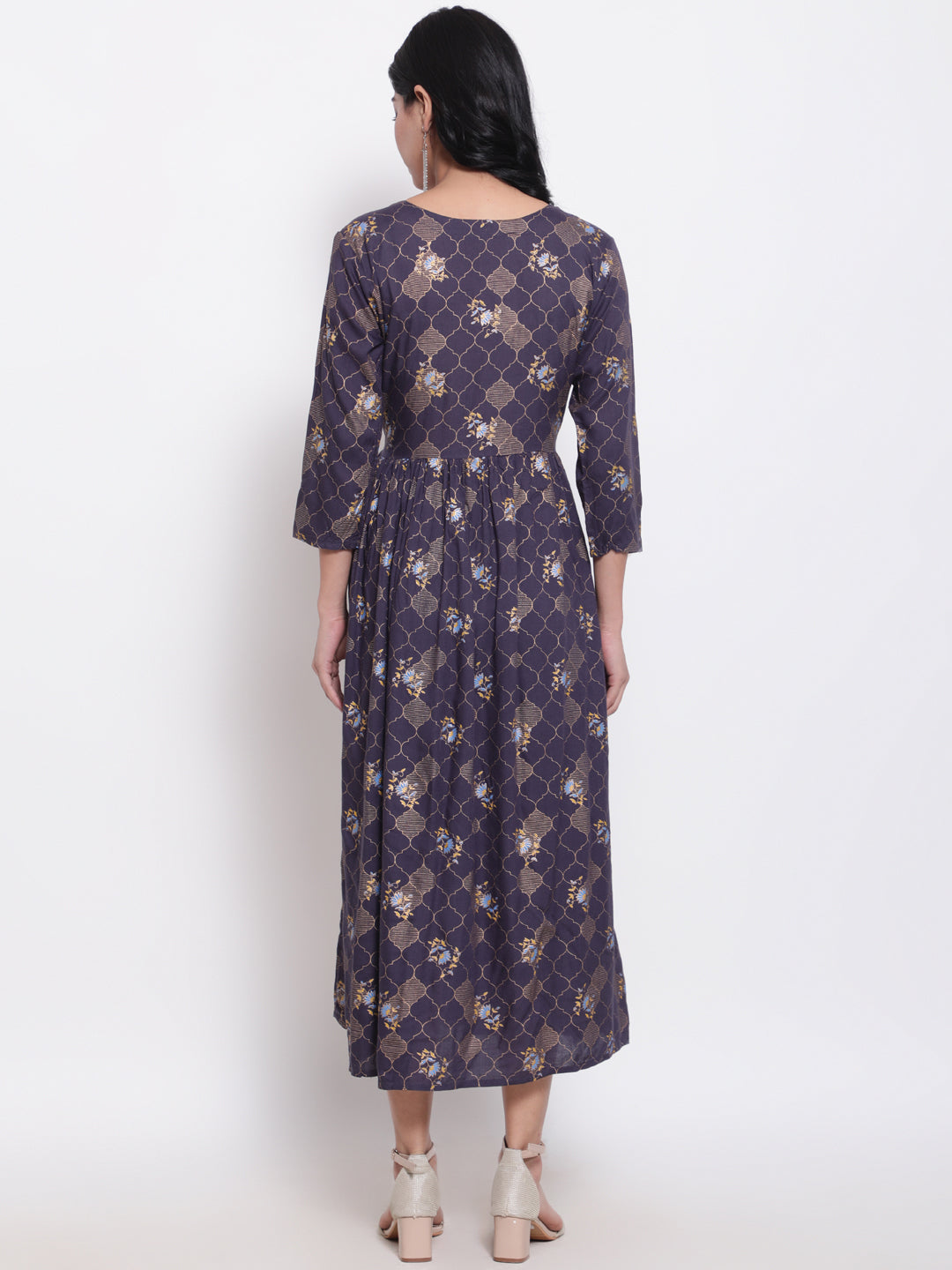 Rayon Printed Round Neck 3/4 Sleeve Flared Ankle Length Ethnic Kurta