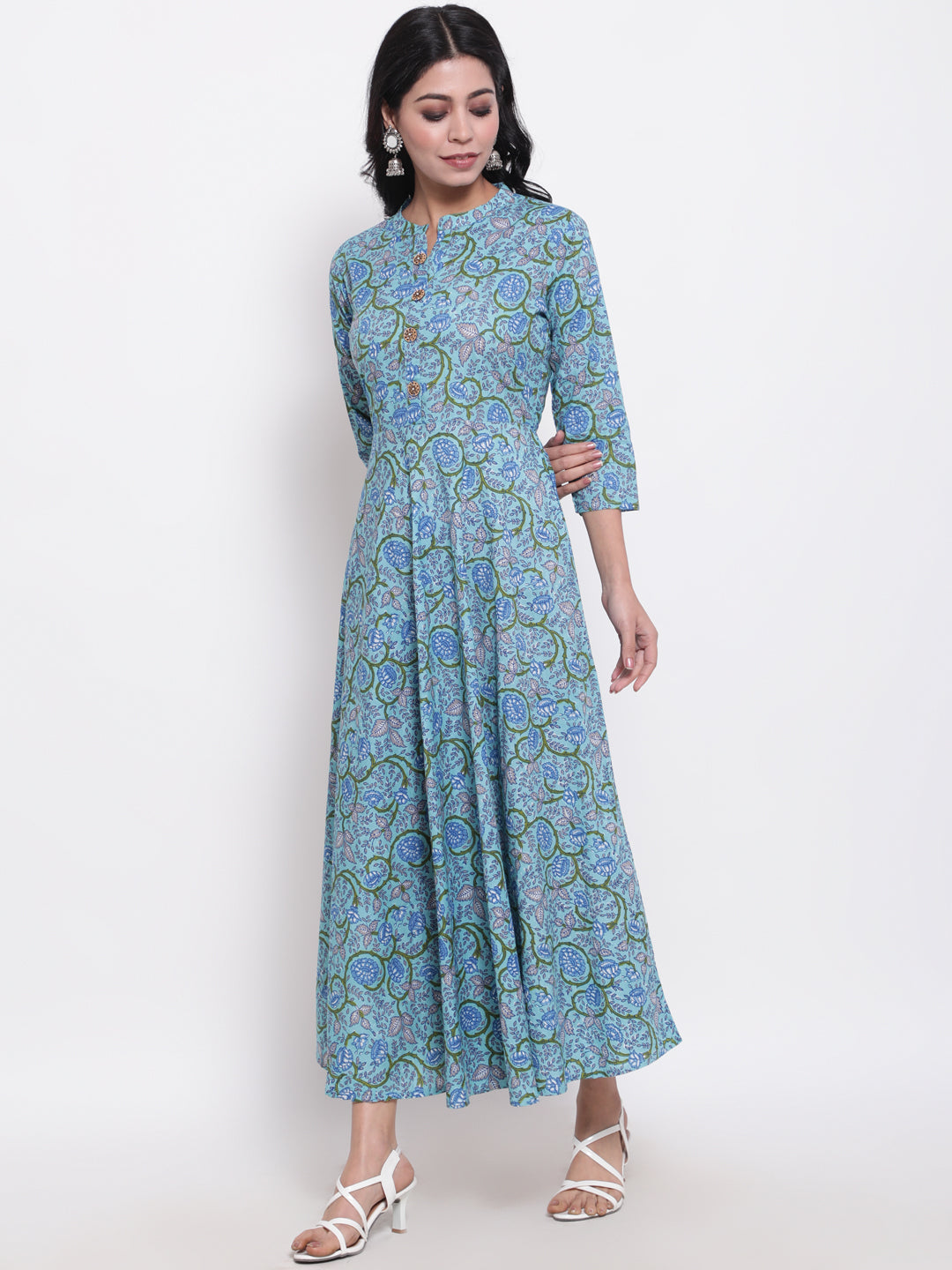 Cotton Printed Mandarin Neck 3/4 Sleeve Flared Ankle Length Ethnic Kurta