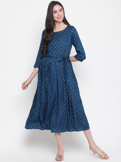 Rayon Printed Round Neck 3/4 Sleeve Flared Ankle Length Ethnic Kurta