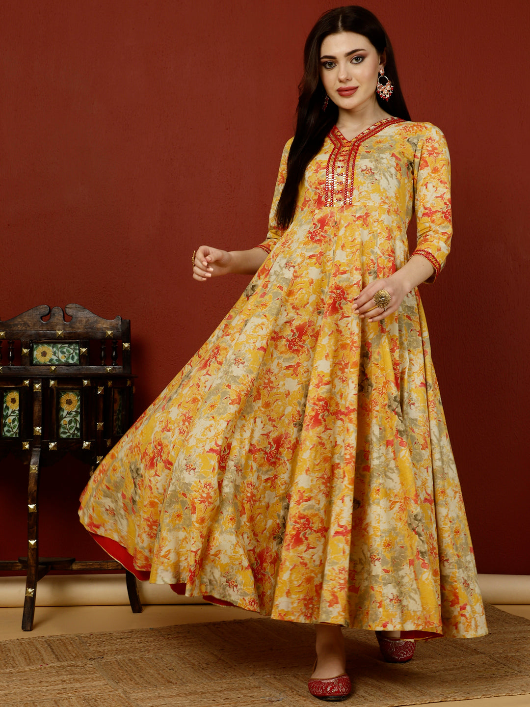 Cotton Ankle Length Flared 3/4 Sleeves V Kurta Dupatta Set