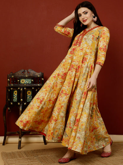 Cotton Ankle Length Flared 3/4 Sleeves V Kurta Dupatta Set