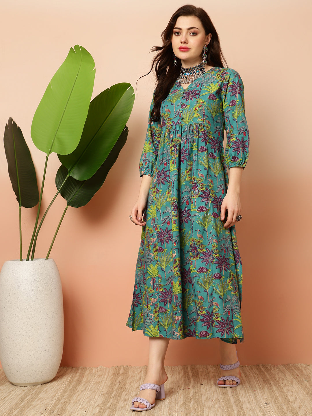 Cotton Calf Length Semi-Flared 3/4 Sleeves V Dress