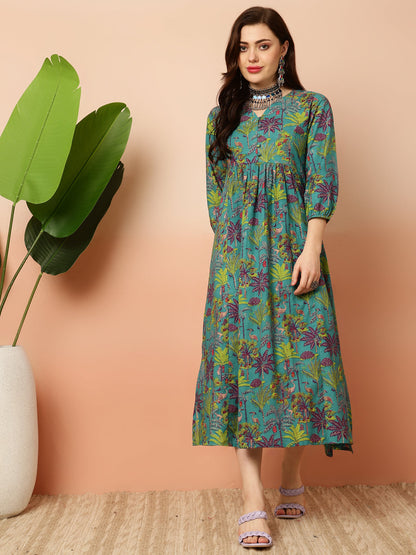 Cotton Calf Length Semi-Flared 3/4 Sleeves V Dress