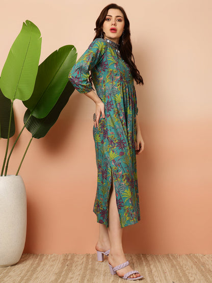 Cotton Calf Length Semi-Flared 3/4 Sleeves V Dress