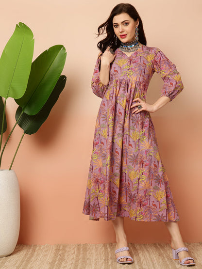 Cotton Calf Length Semi-Flared 3/4 Sleeves V Dress