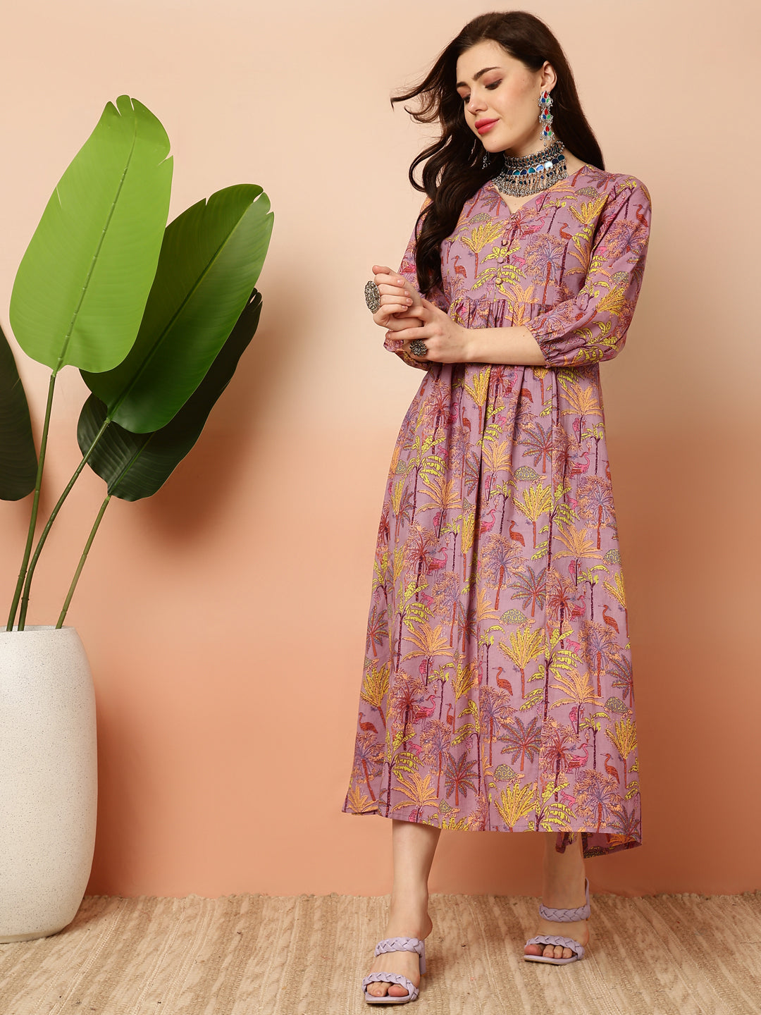 Cotton Calf Length Semi-Flared 3/4 Sleeves V Dress