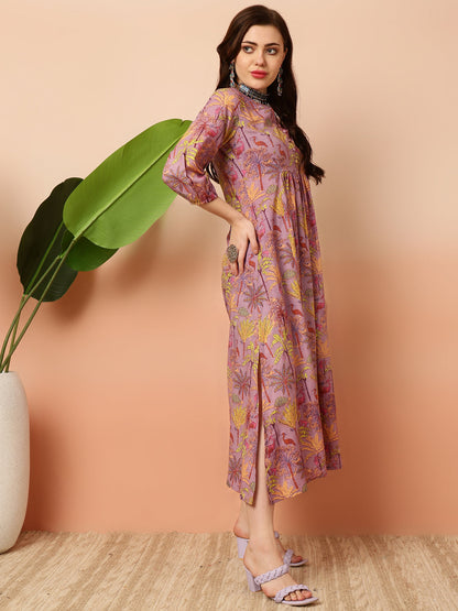 Cotton Calf Length Semi-Flared 3/4 Sleeves V Dress