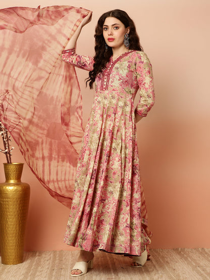 Cotton Ankle Length Flared 3/4 Sleeves V Kurta Dupatta Set