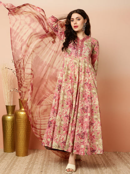 Cotton Ankle Length Flared 3/4 Sleeves V Kurta Dupatta Set