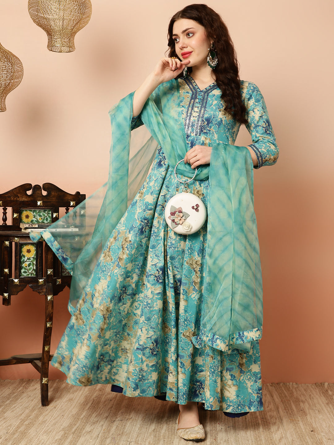 Cotton Ankle Length Flared 3/4 Sleeves V Kurta Dupatta Set