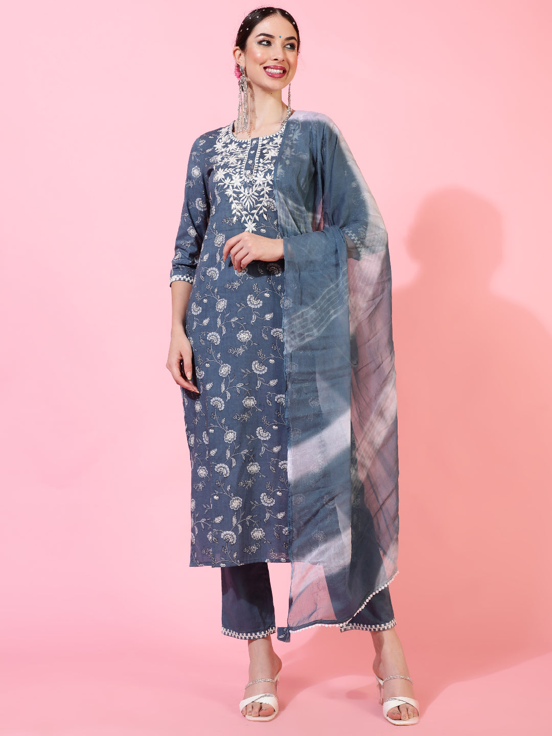 Cotton Calf Length Printed Straight 3/4 Sleeves Round Kurta Bottom Dupatta Set