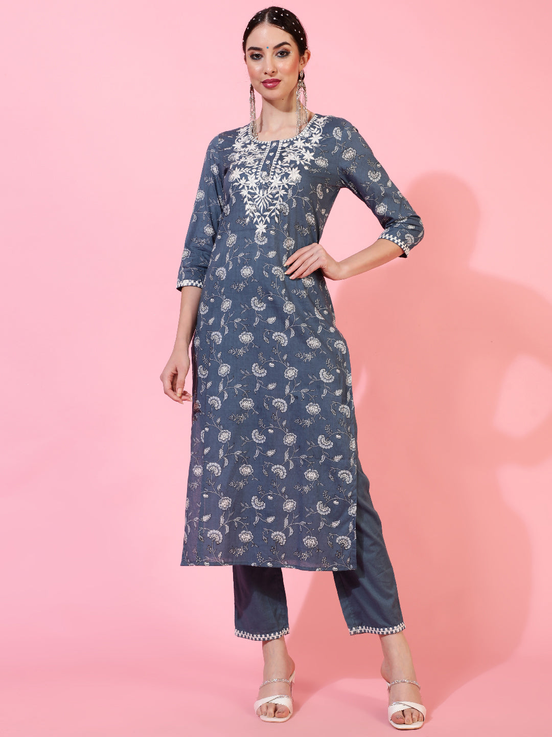 Cotton Calf Length Printed Straight 3/4 Sleeves Round Kurta Bottom Dupatta Set