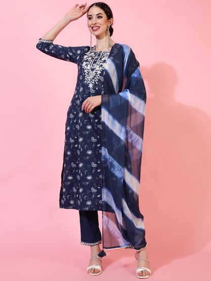 Cotton Calf Length Printed Straight 3/4 Sleeves Round Kurta Bottom Dupatta Set