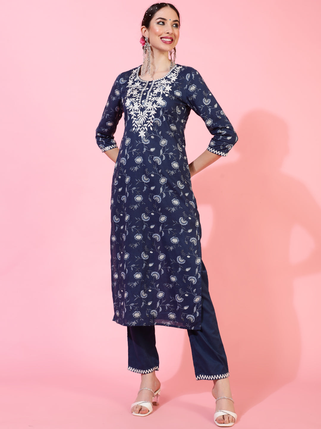 Cotton Calf Length Printed Straight 3/4 Sleeves Round Kurta Bottom Dupatta Set