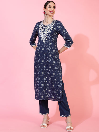 Cotton Calf Length Printed Straight 3/4 Sleeves Round Kurta Bottom Dupatta Set