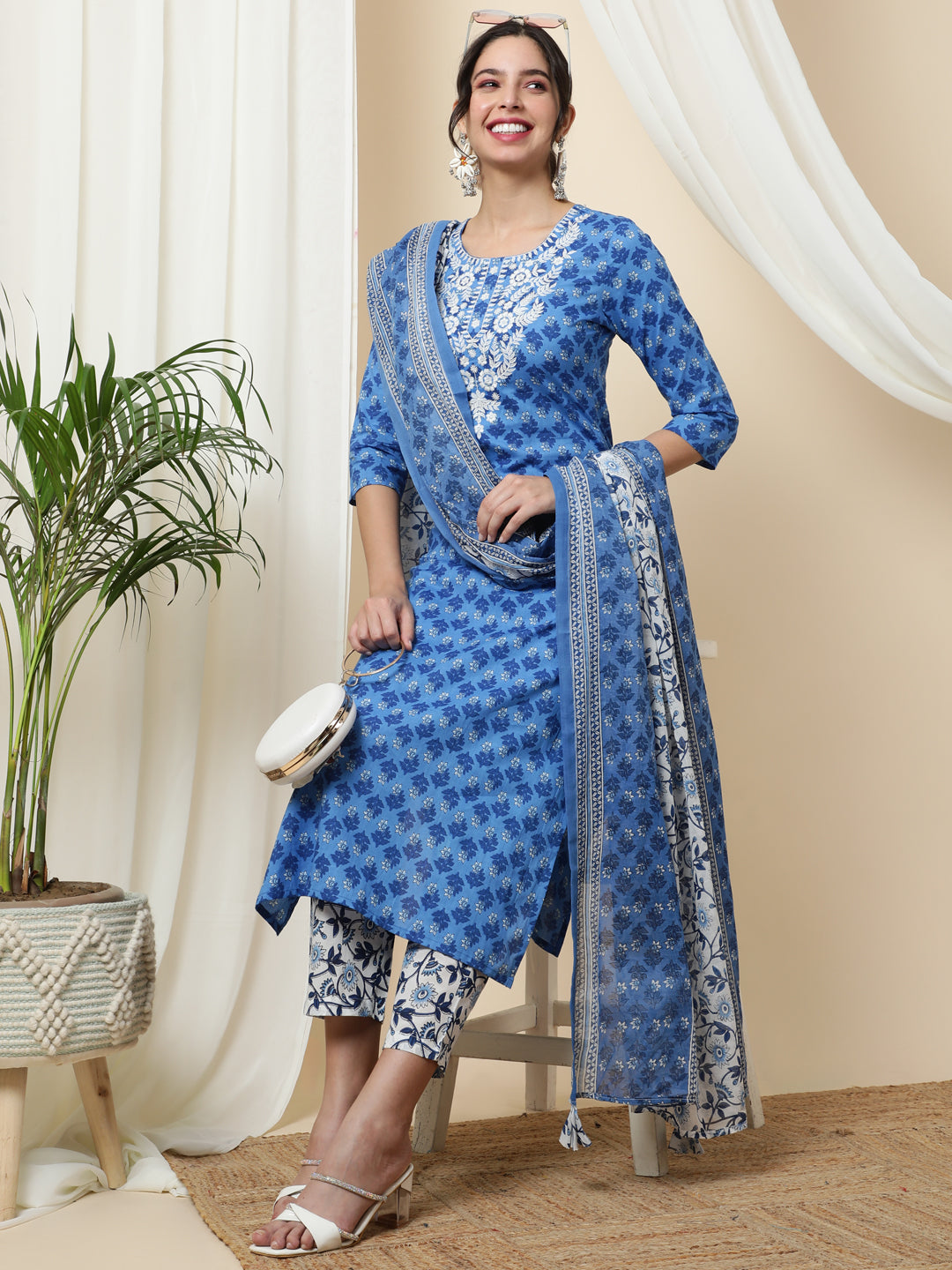 Cotton  Calf Length Printed Straight 3/4 Sleeves Round Kurta Bottom Dupatta Set