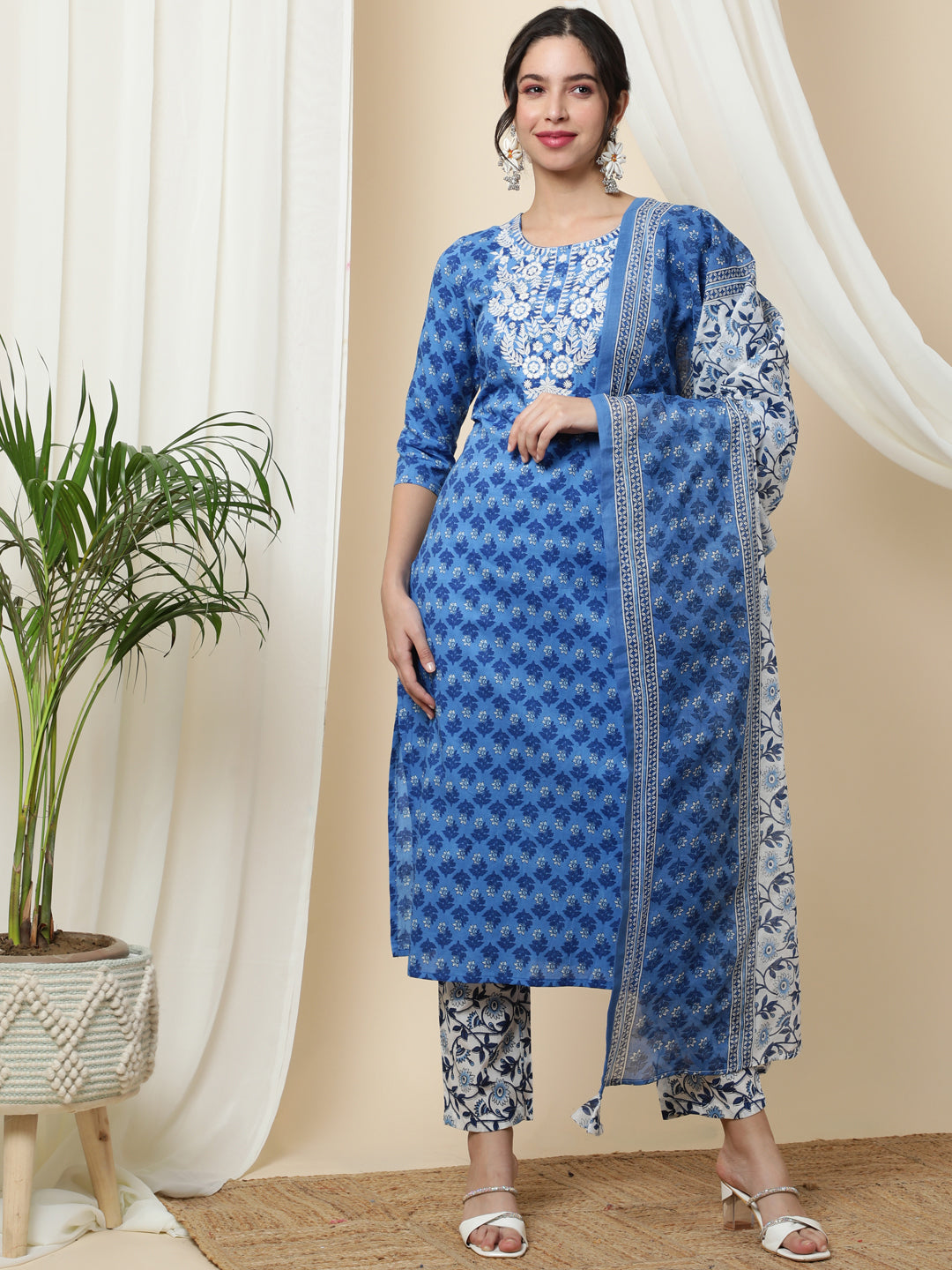 Cotton  Calf Length Printed Straight 3/4 Sleeves Round Kurta Bottom Dupatta Set