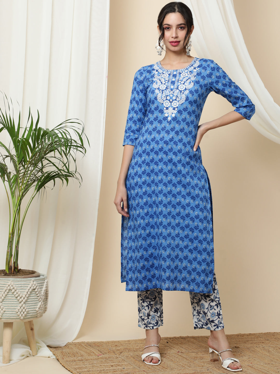 Cotton  Calf Length Printed Straight 3/4 Sleeves Round Kurta Bottom Dupatta Set