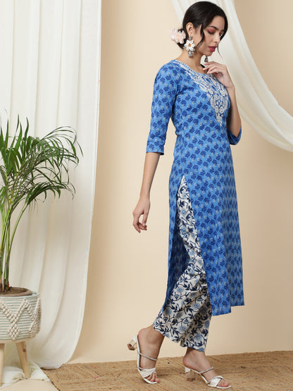 Cotton  Calf Length Printed Straight 3/4 Sleeves Round Kurta Bottom Dupatta Set