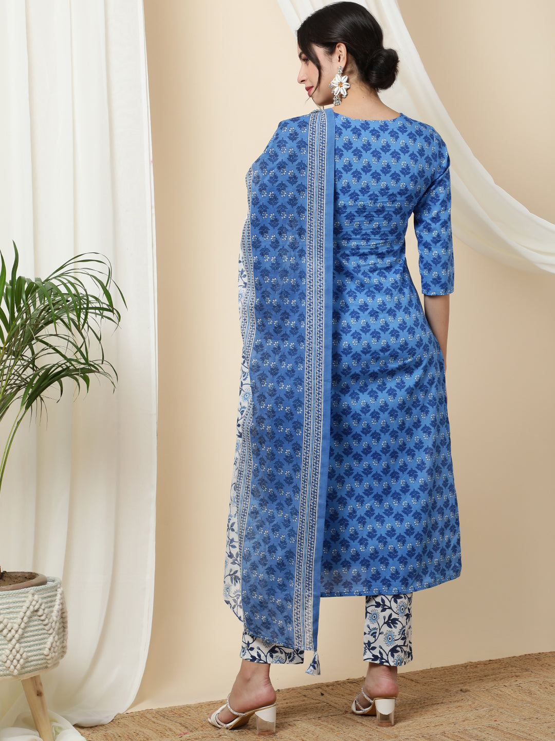 Cotton  Calf Length Printed Straight 3/4 Sleeves Round Kurta Bottom Dupatta Set