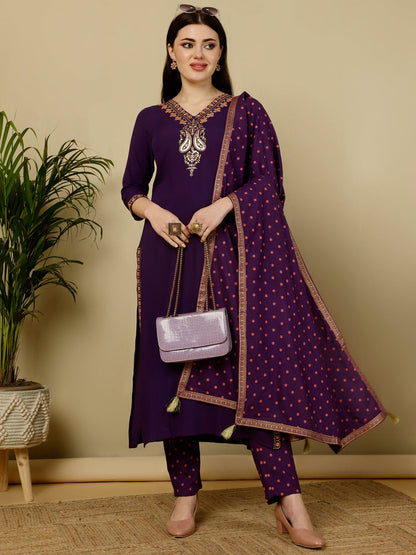 Rayon Calf Length Straight 3/4 Sleeves V Kurta Bottom Dupatta Set