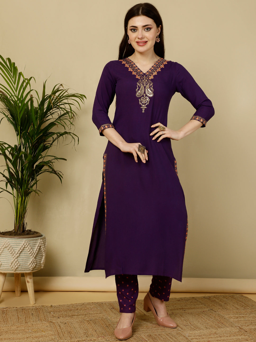 Rayon Calf Length Straight 3/4 Sleeves V Kurta Bottom Dupatta Set