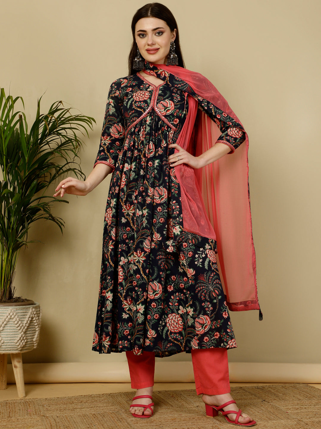 Cotton Calf Length Semi-Flared 3/4 Sleeves V Kurta Bottom Dupatta Set