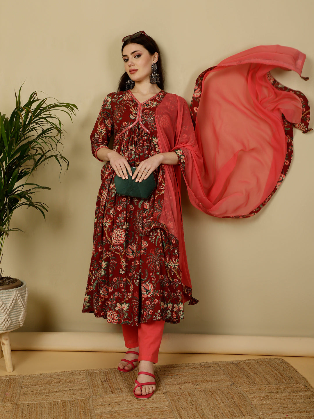 Cotton Calf Length Semi-Flared 3/4 Sleeves V Kurta Bottom Dupatta Set