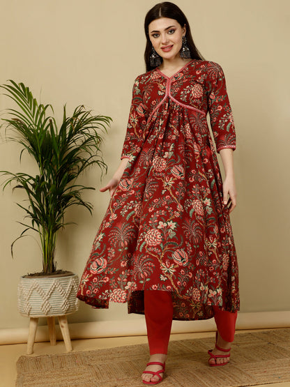 Cotton Calf Length Semi-Flared 3/4 Sleeves V Kurta Bottom Dupatta Set