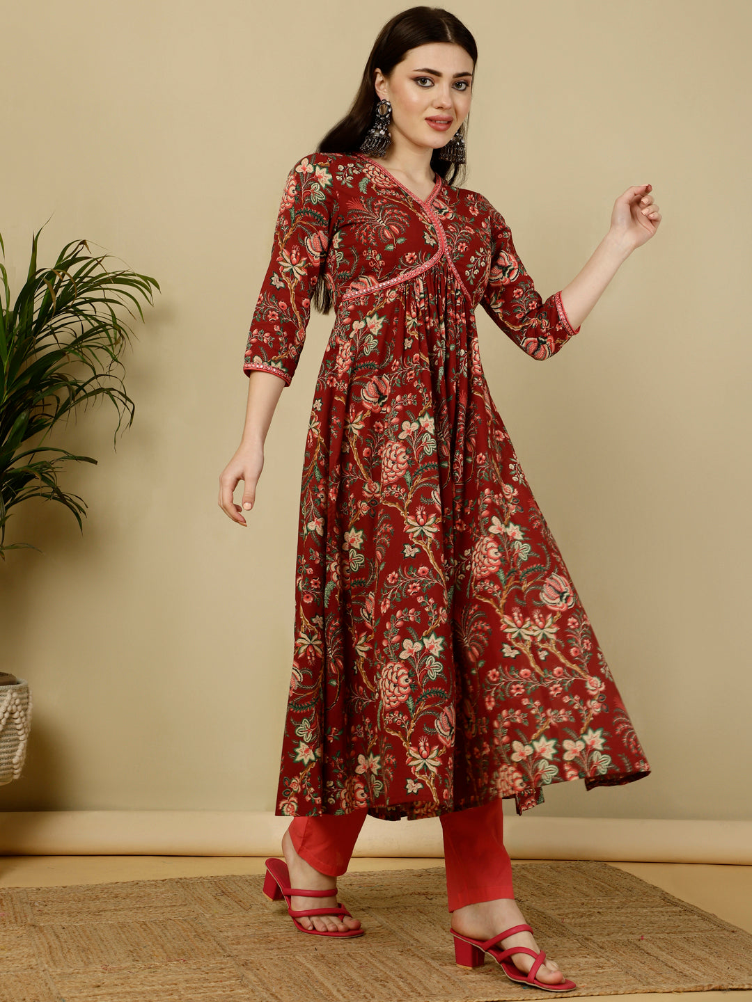 Cotton Calf Length Semi-Flared 3/4 Sleeves V Kurta Bottom Dupatta Set