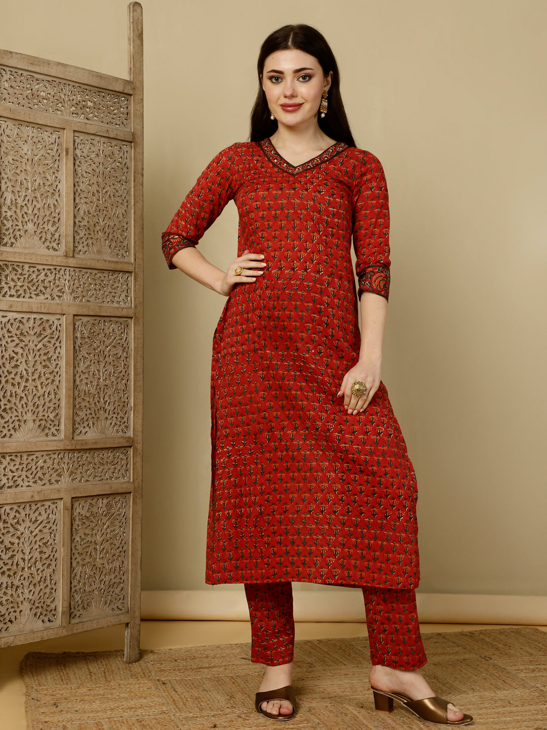 Cotton Calf Length Straight 3/4 Sleeves V Kurta Bottom Dupatta Set