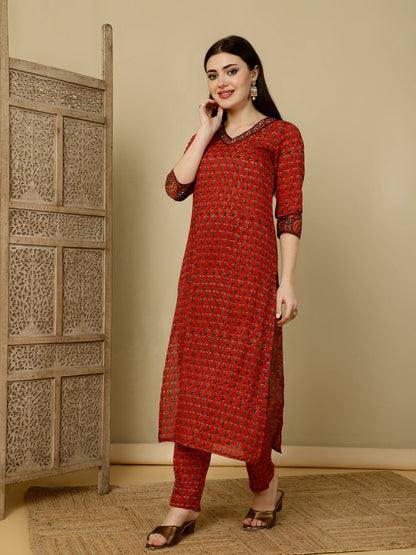 Cotton Calf Length Straight 3/4 Sleeves V Kurta Bottom Dupatta Set