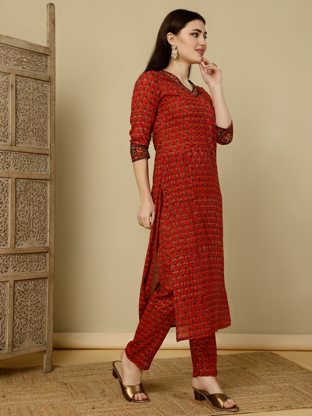 Cotton Calf Length Straight 3/4 Sleeves V Kurta Bottom Dupatta Set