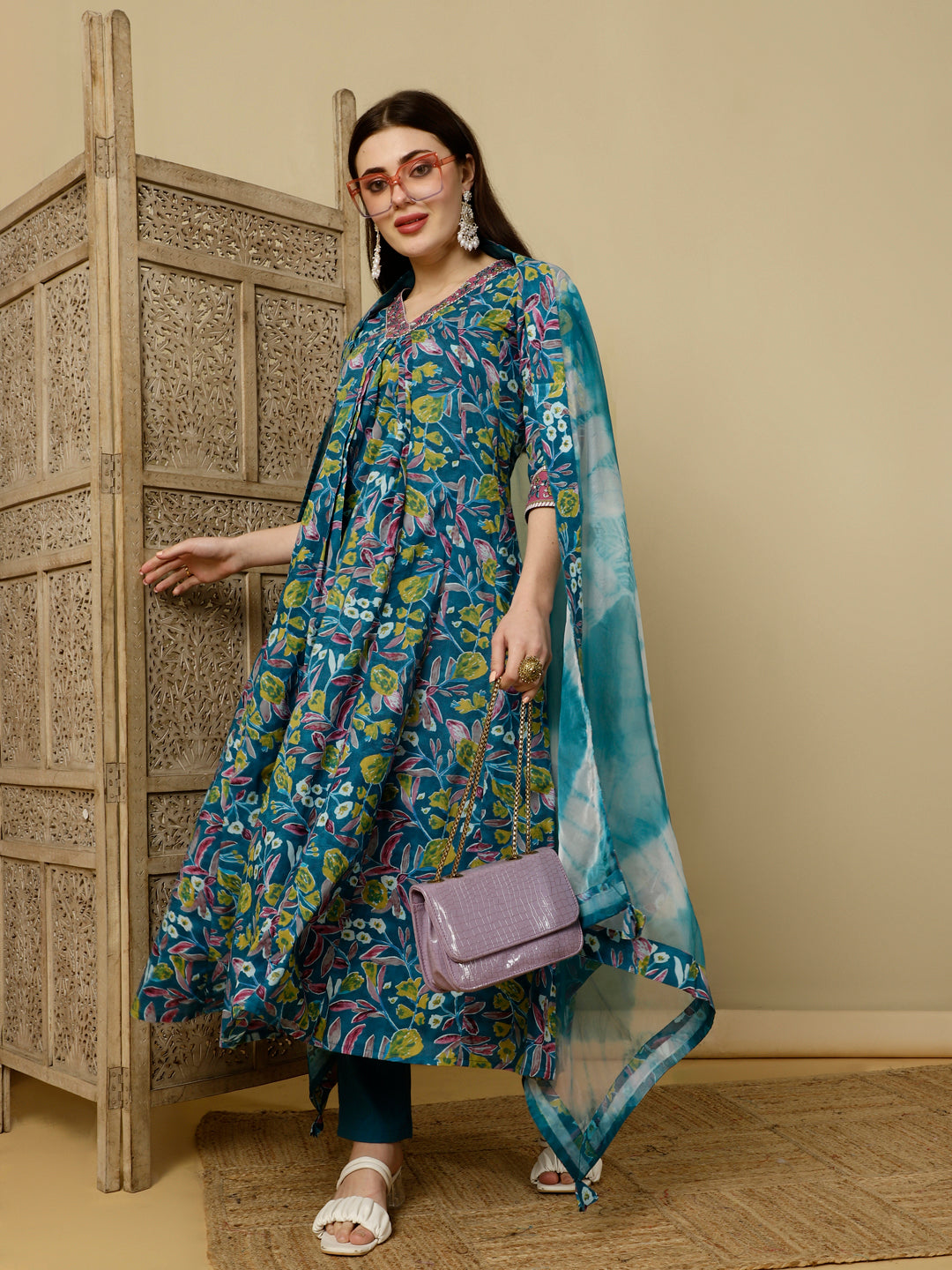 Cotton Calf Length Semi-Flared 3/4 Sleeves V Kurta Bottom Dupatta Set