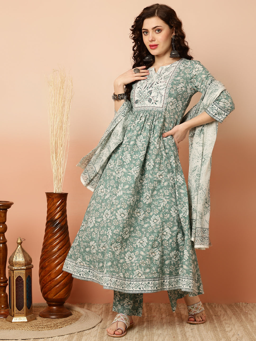 Cotton Calf Length Semi-Flared 3/4 Sleeves Round Kurta Bottom Dupatta Set