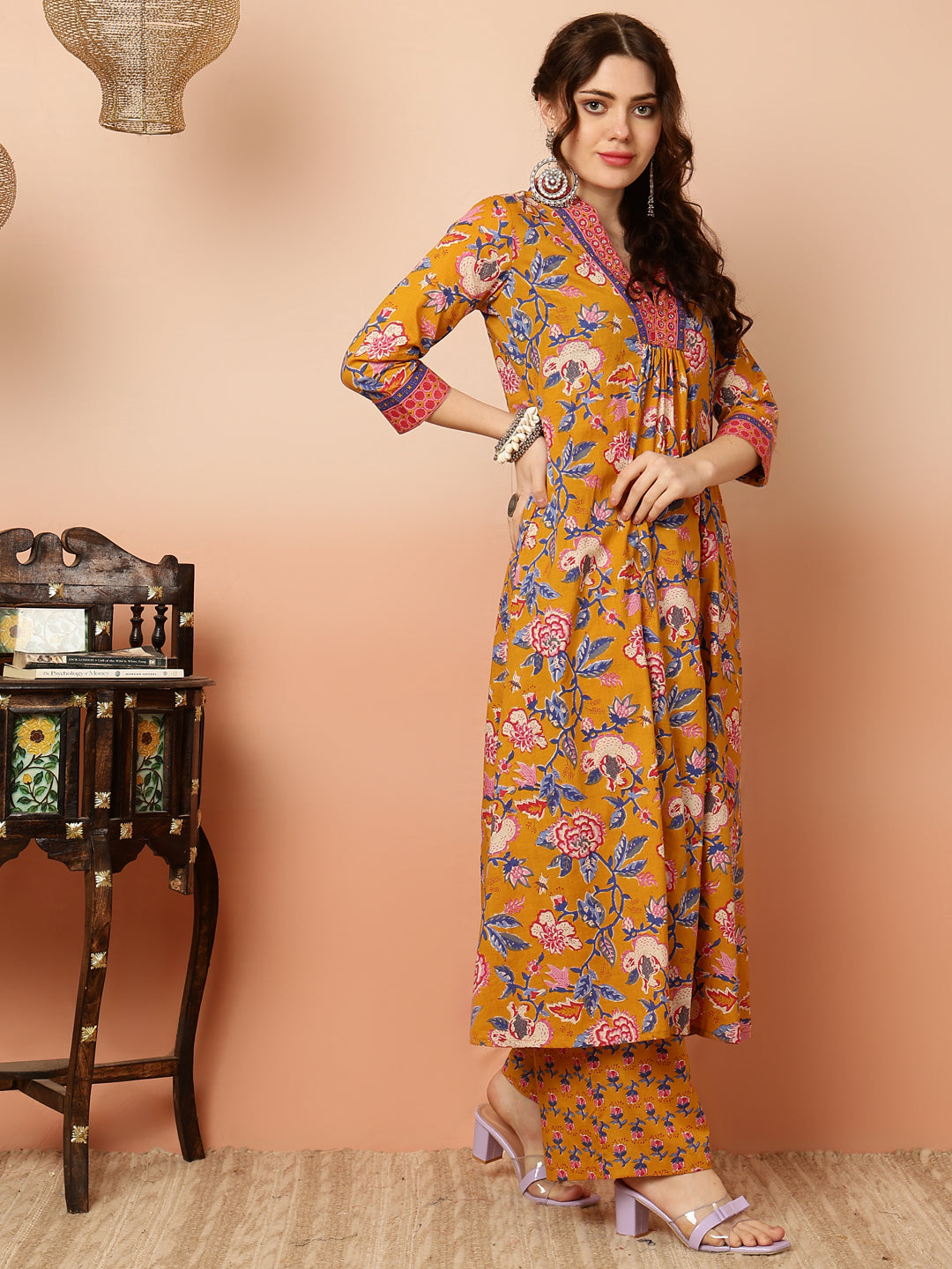 Cotton Calf Length Semi-Flared 3/4 Sleeves V Kurta Bottom Dupatta Set