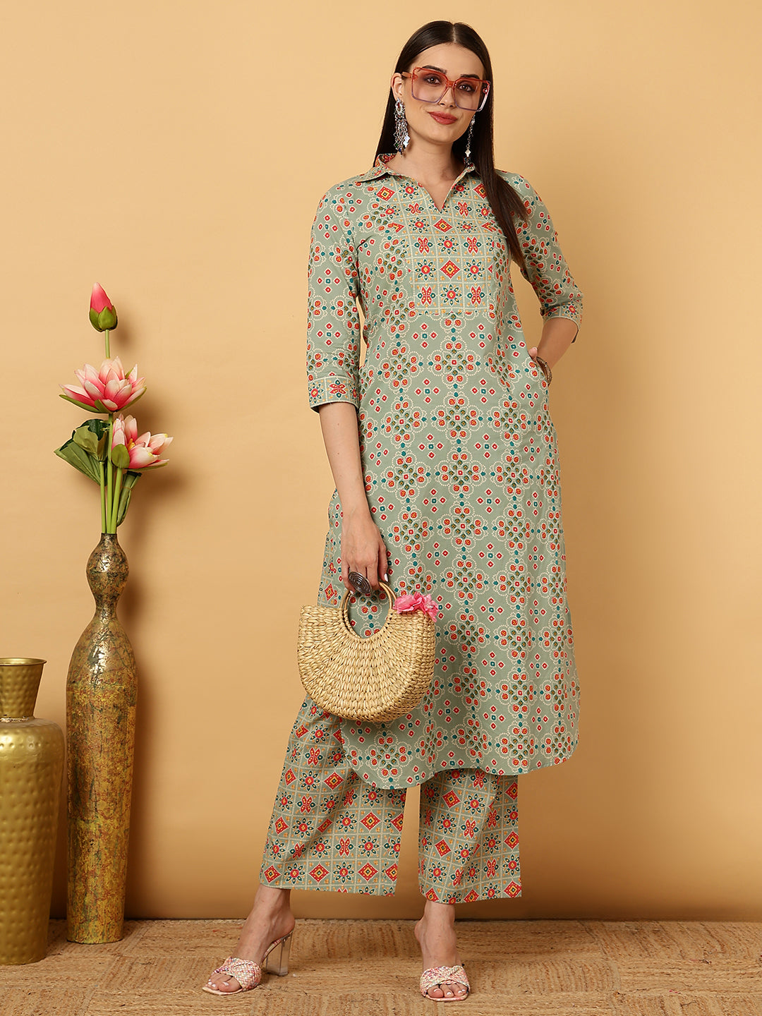 Rayon Calf Length Motif Straight 3/4 Sleeves Shirt Coller Kurta Bottom Set