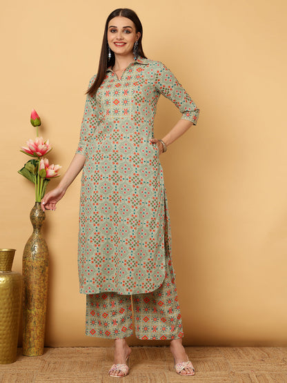 Rayon Calf Length Motif Straight 3/4 Sleeves Shirt Coller Kurta Bottom Set