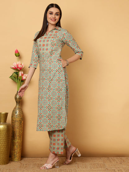 Rayon Calf Length Motif Straight 3/4 Sleeves Shirt Coller Kurta Bottom Set