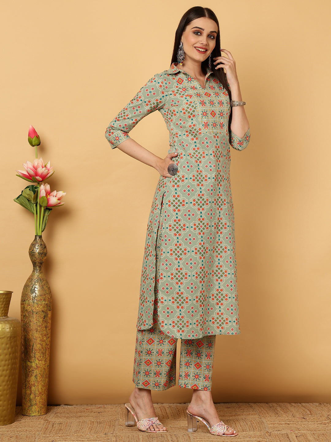 Rayon Calf Length Motif Straight 3/4 Sleeves Shirt Coller Kurta Bottom Set