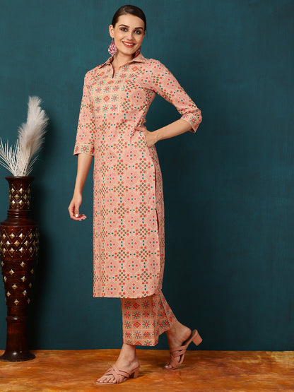 Rayon Calf Length Motif Straight 3/4 Sleeves Shirt Coller Kurta Bottom Set