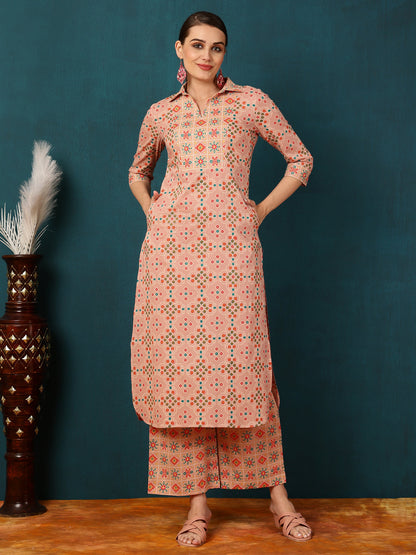 Rayon Calf Length Motif Straight 3/4 Sleeves Shirt Coller Kurta Bottom Set