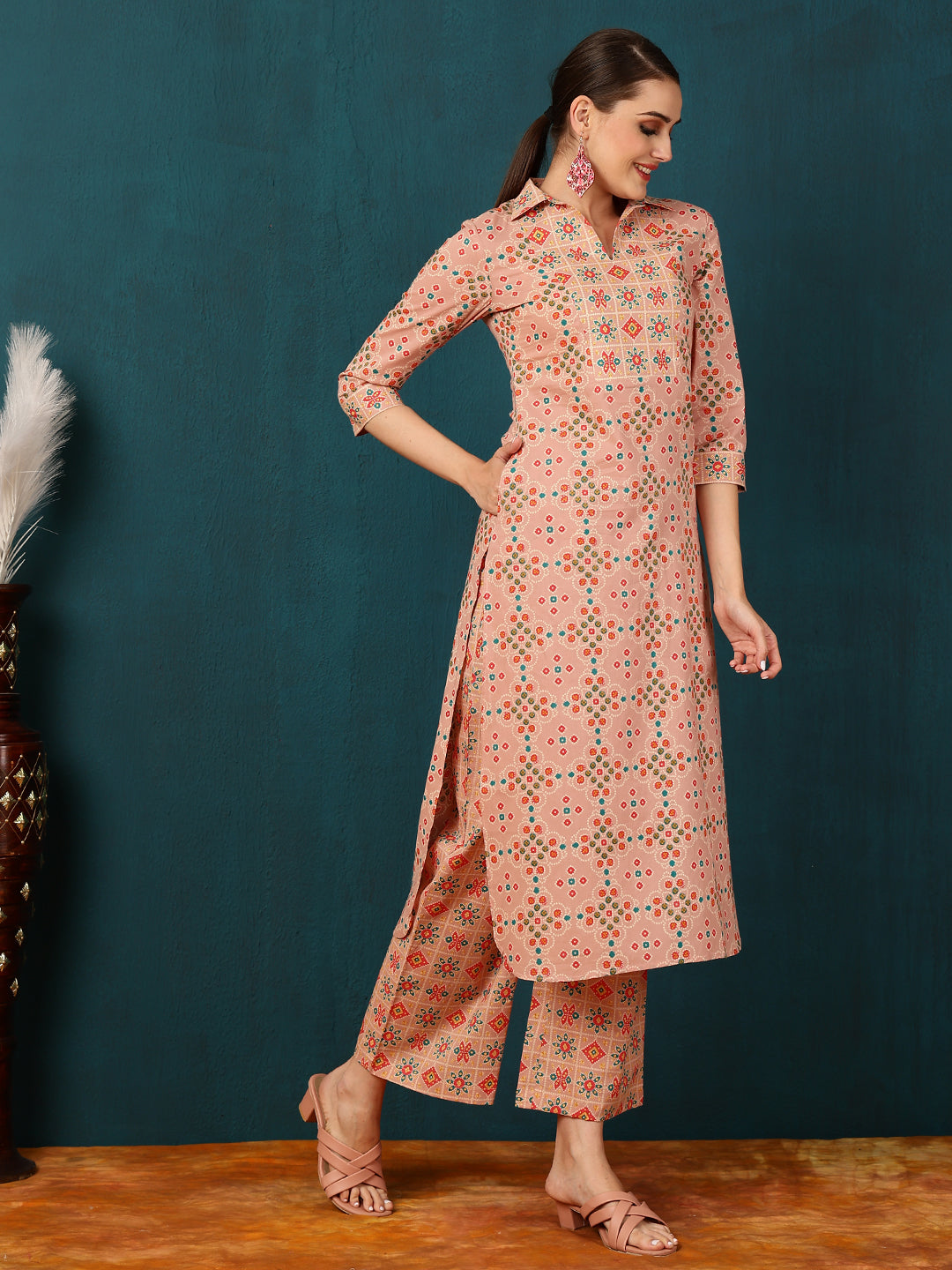 Rayon Calf Length Motif Straight 3/4 Sleeves Shirt Coller Kurta Bottom Set