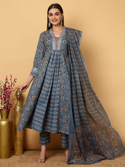 Cotton Calf Length Floral Flared 3/4 Sleeves V Kurta Bottom Dupatta Set